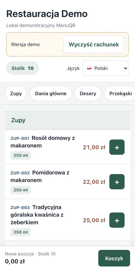 Ekran telefonu: menu Restauracji Demo przy stoliku 10 w MenuQR